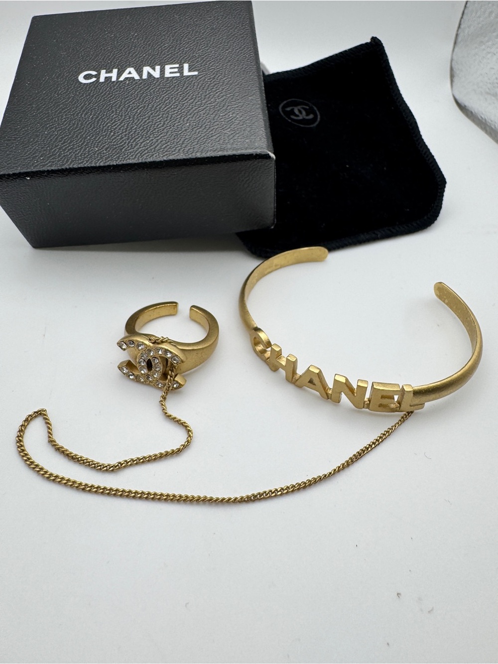 CHANEL Gold Logo Cuff Bracelet and CC Ring Set